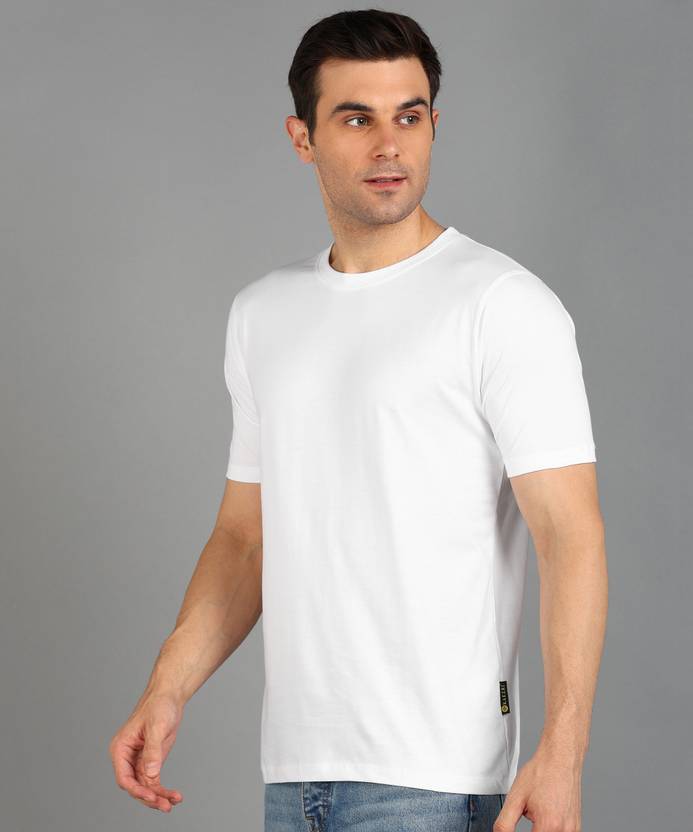 Men Solid Round Neck Pure Cotton White T-Shirt