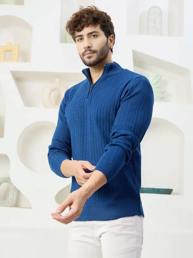 Men Solid Round Neck Blue, Black Sweater