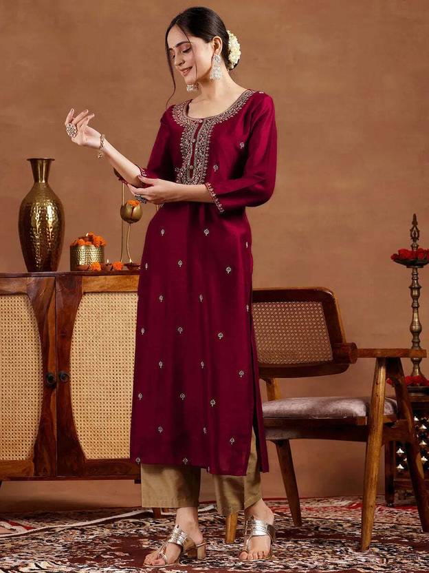 Women Embroidered Silk Blend A-line Kurta